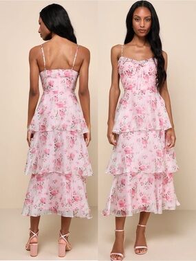 NWT Lulu’s Immaculate Cutie Pink Floral Sleeveless Tiered Midi Dress Medium